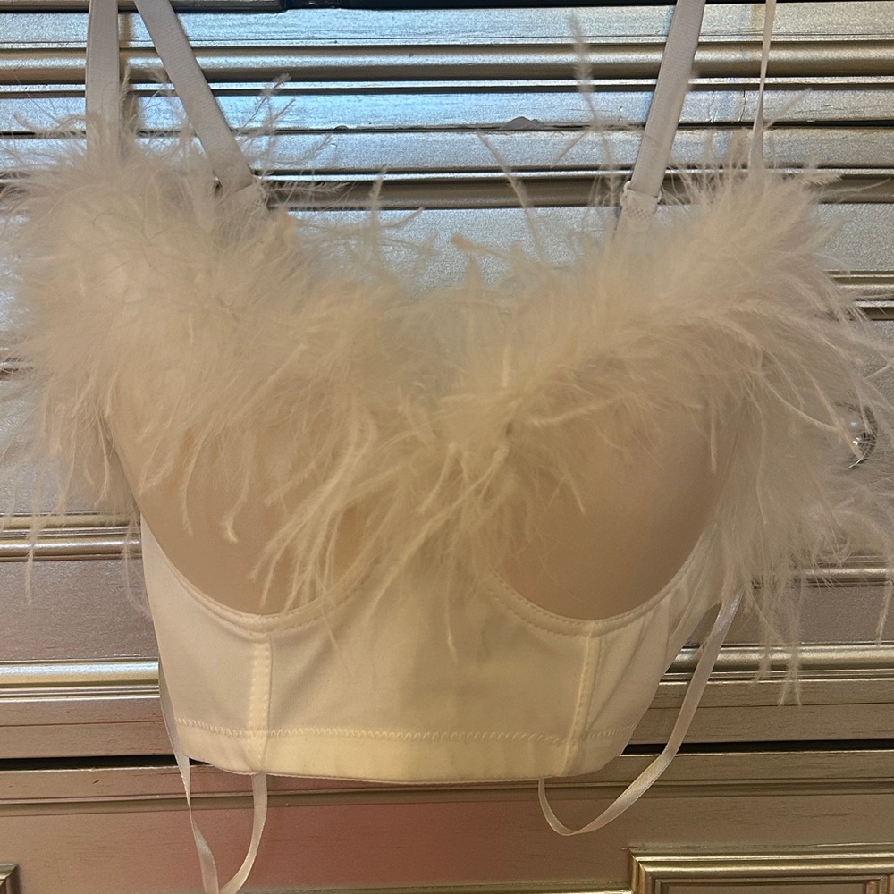Feather-Trim Bustier Bralette — White